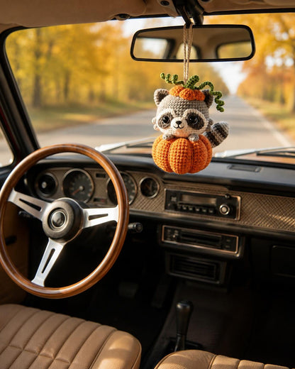 Cute Chubby Pumpkin Raccoon Crochet Car Hanging Accessory, Halloween Rearview Mirror Charm, Cute Raccoon Car Decor, Spooky Gift for Driver