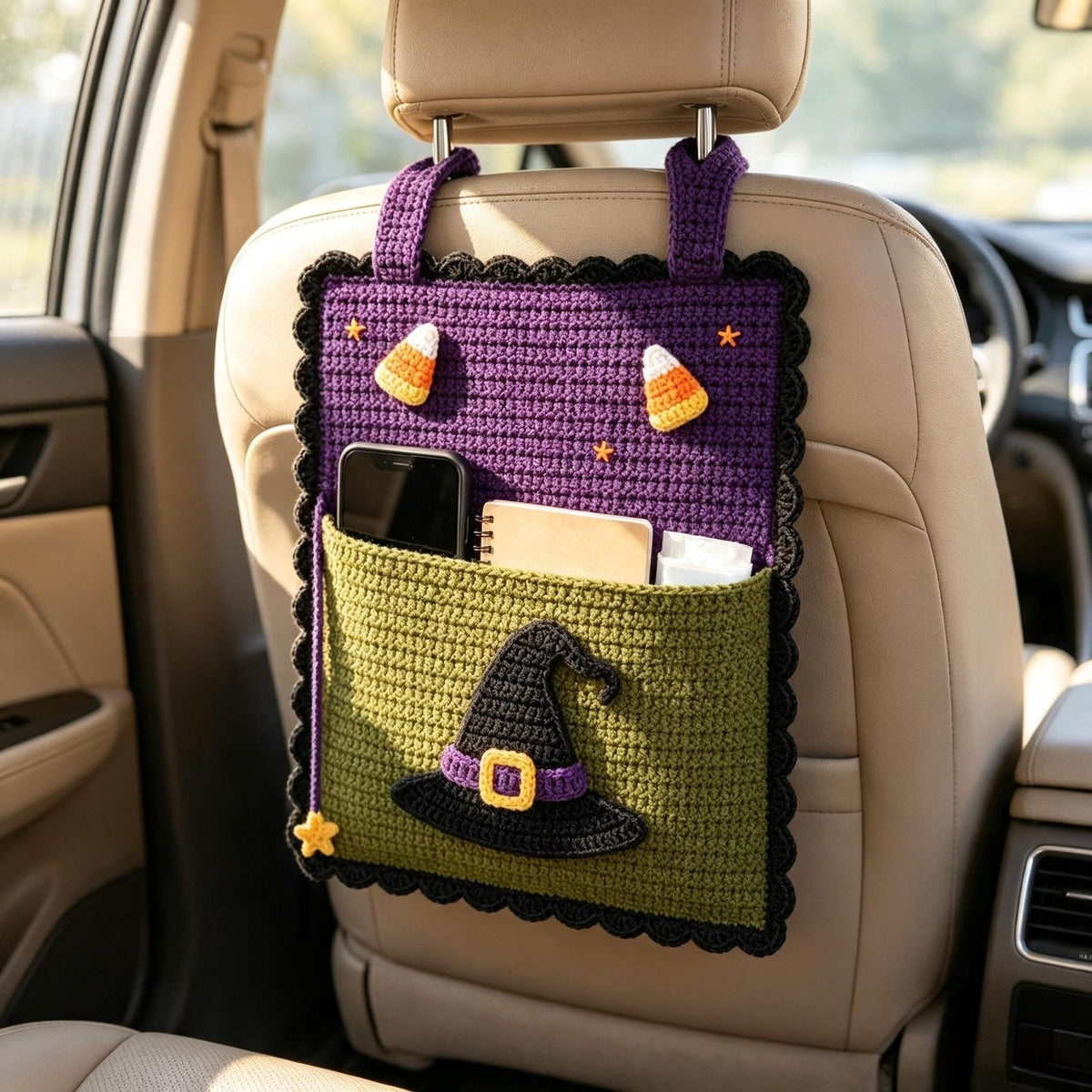 Handmade Crochet Halloween Car Seat Organizer, Multiple Spooky Designs, Cute Backseat Storage Bag, Fall & Halloween Gift for Car Lovers