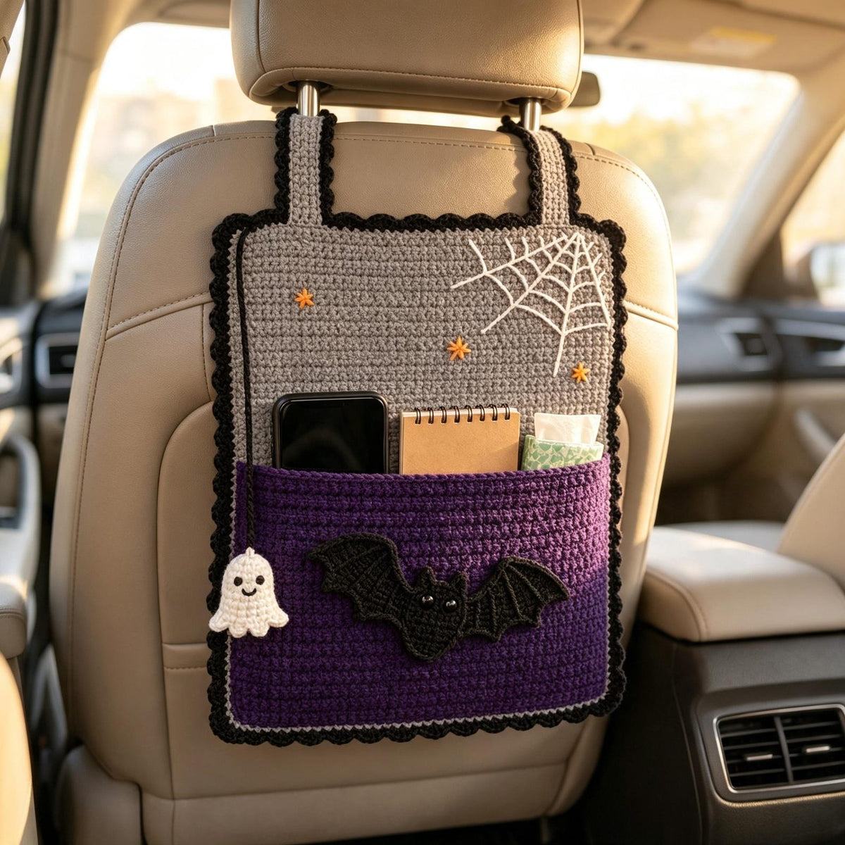 Handmade Crochet Halloween Car Seat Organizer, Multiple Spooky Designs, Cute Backseat Storage Bag, Fall & Halloween Gift for Car Lovers