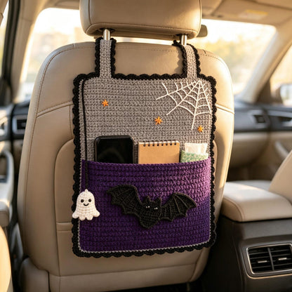 Handmade Crochet Halloween Car Seat Organizer, Multiple Spooky Designs, Cute Backseat Storage Bag, Fall & Halloween Gift for Car Lovers