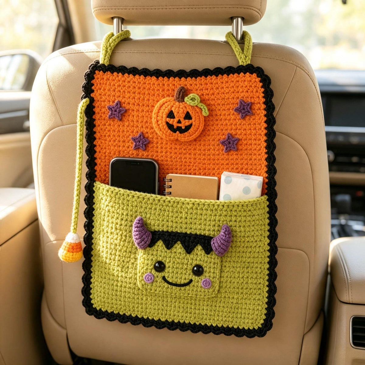 Handmade Crochet Halloween Car Seat Organizer, Multiple Spooky Designs, Cute Backseat Storage Bag, Fall & Halloween Gift for Car Lovers