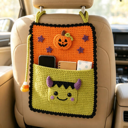 Handmade Crochet Halloween Car Seat Organizer, Multiple Spooky Designs, Cute Backseat Storage Bag, Fall & Halloween Gift for Car Lovers