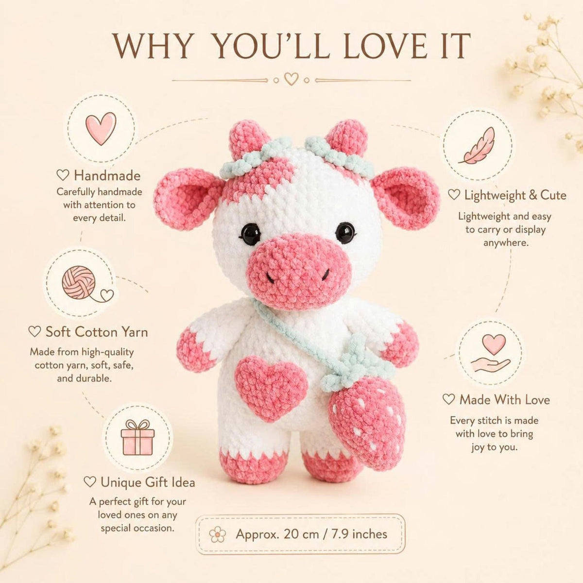 Cute Crochet Cow Plush, Handmade Amigurumi Cow, Pink Cow Stuffed Animal, Nursery Decor, Baby Shower Gift, Cute Farm Animal Gift