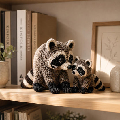 Crochet Raccoon Dad & Baby, Handmade Amigurumi Raccoon Family, Woodland Animal Decor, Father's Day Gift, Cute Desk Ornament