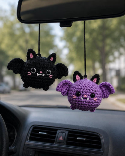 Crochet Bat Car Rearview Mirror Hanging Ornament Pair, Black and Purple Cute Spooky Car Accessories, Handmade Amigurumi Bats Decor