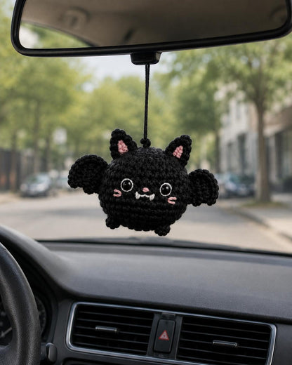 Crochet Bat Car Rearview Mirror Hanging Ornament Pair, Black and Purple Cute Spooky Car Accessories, Handmade Amigurumi Bats Decor