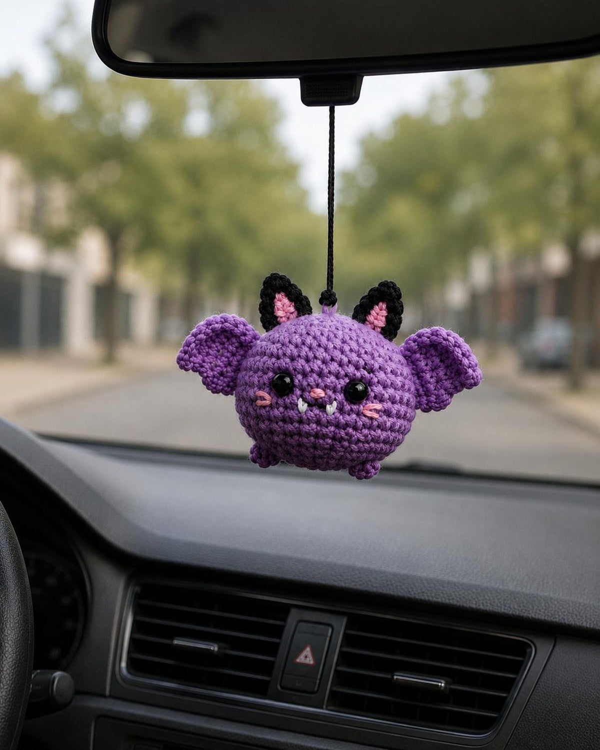 Crochet Bat Car Rearview Mirror Hanging Ornament Pair, Black and Purple Cute Spooky Car Accessories, Handmade Amigurumi Bats Decor