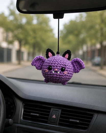 Crochet Bat Car Rearview Mirror Hanging Ornament Pair, Black and Purple Cute Spooky Car Accessories, Handmade Amigurumi Bats Decor