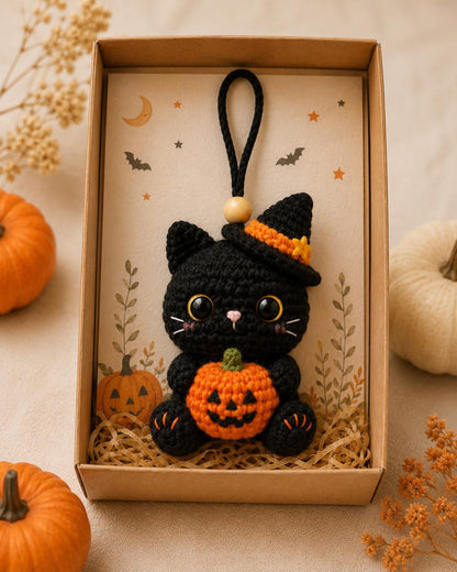 Crochet Black Cat Car Rearview Mirror Hanging Ornament, Halloween Witch Cat Car Accessories, Cute Pumpkin Cat Charm, New Driver Gift