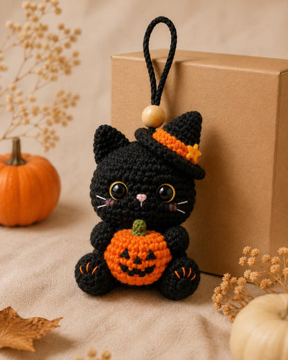 Crochet Black Cat Car Rearview Mirror Hanging Ornament, Halloween Witch Cat Car Accessories, Cute Pumpkin Cat Charm, New Driver Gift