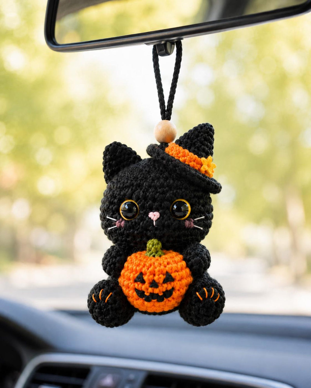 Crochet Black Cat Car Rearview Mirror Hanging Ornament, Halloween Witch Cat Car Accessories, Cute Pumpkin Cat Charm, New Driver Gift