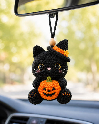 Crochet Black Cat Car Rearview Mirror Hanging Ornament, Halloween Witch Cat Car Accessories, Cute Pumpkin Cat Charm, New Driver Gift