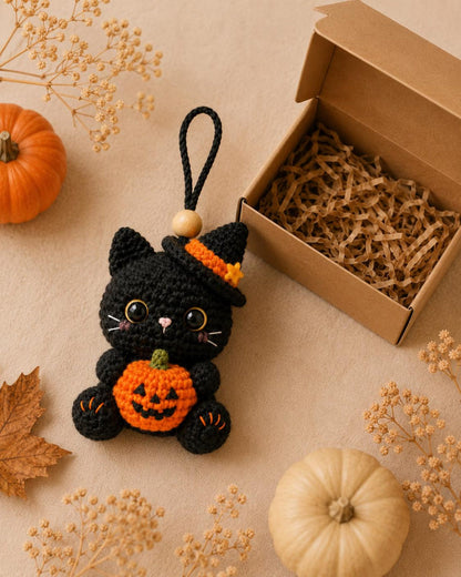Crochet Black Cat Car Rearview Mirror Hanging Ornament, Halloween Witch Cat Car Accessories, Cute Pumpkin Cat Charm, New Driver Gift