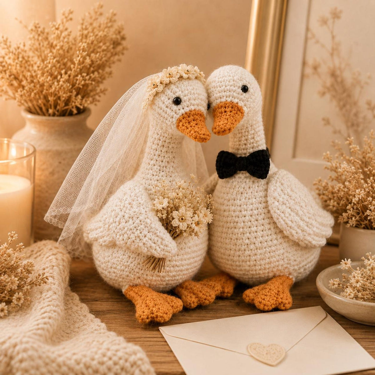 Custom Duck Wedding Cake Topper, Crochet Bride and Groom Geese Plush, Cute Animal Wedding Decor, Unique Anniversary Gift, Farmhouse Wedding