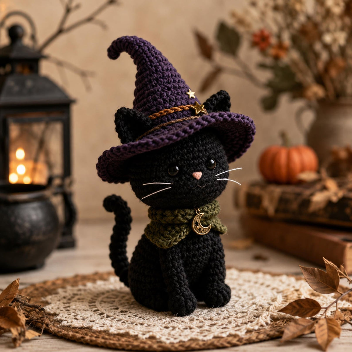 Handmade Crochet Witch Cat Amigurumi, Halloween Bat Kitten Plush, Spooky Halloween Decor, Witchy Cat Lover Gift, Cute Fall Home Decor