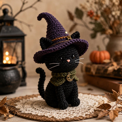 Handmade Crochet Witch Cat Amigurumi, Halloween Bat Kitten Plush, Spooky Halloween Decor, Witchy Cat Lover Gift, Cute Fall Home Decor