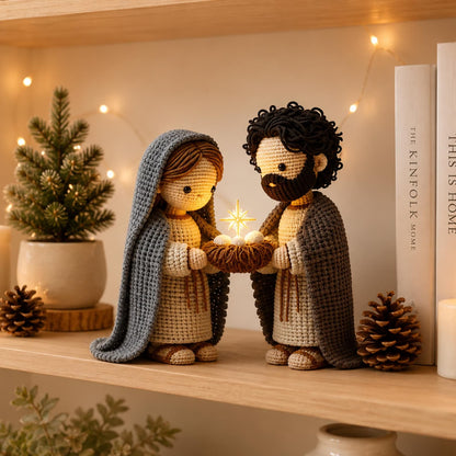 Christmas Crochet Set, Handmade Holy Family, Christmas Nativity Scene, Catholic Christmas Decoration, Christianity Gift Day, Display Shelf