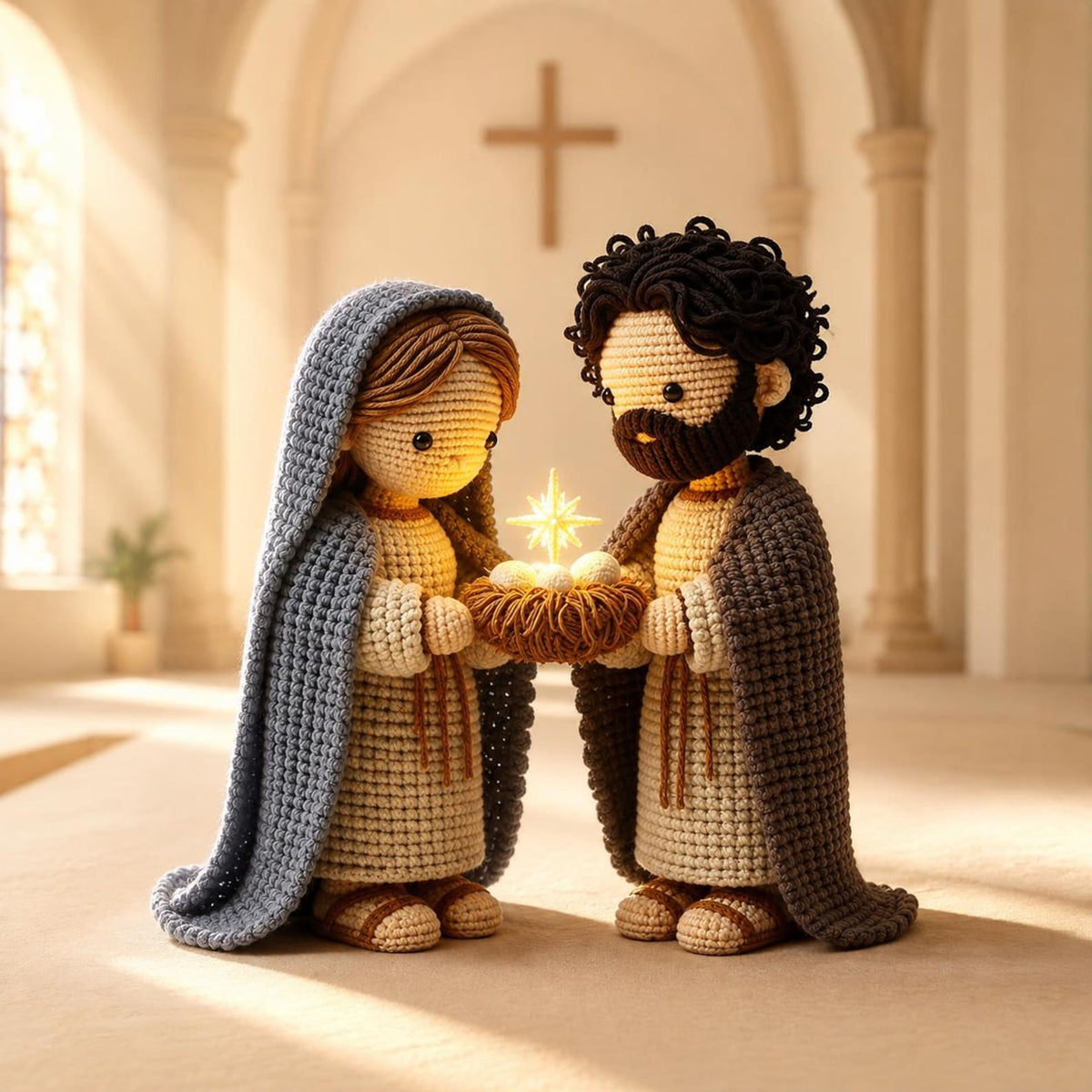 Christmas Crochet Set, Handmade Holy Family, Christmas Nativity Scene, Catholic Christmas Decoration, Christianity Gift Day, Display Shelf