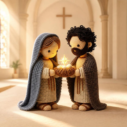 Christmas Crochet Set, Handmade Holy Family, Christmas Nativity Scene, Catholic Christmas Decoration, Christianity Gift Day, Display Shelf