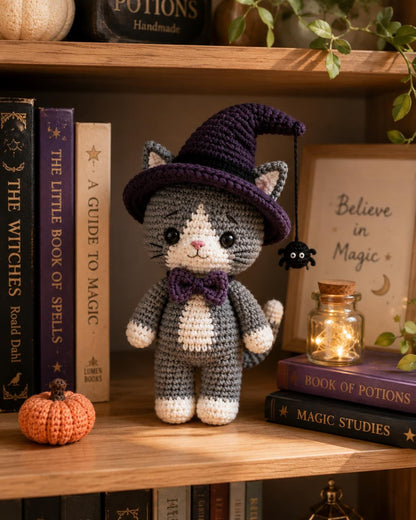 Handmade Crochet Witch Cat Amigurumi, Halloween Bat Kitten Plush, Spooky Halloween Decor, Witchy Cat Lover Gift, Cute Fall Home Decor