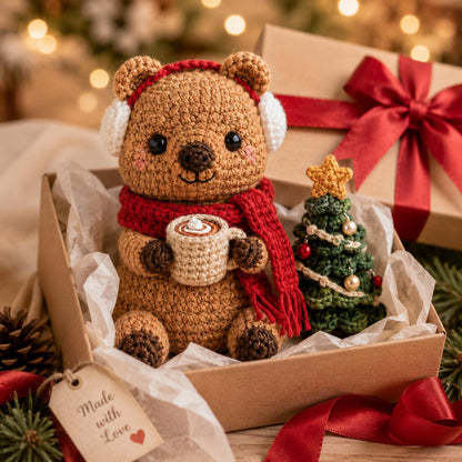 Crochet Christmas Quokka with Hot Cocoa & Earmuffs, Amigurumi Winter Bear, Handmade Holiday Decor, Cute Desk Pet, Christmas Gift Set