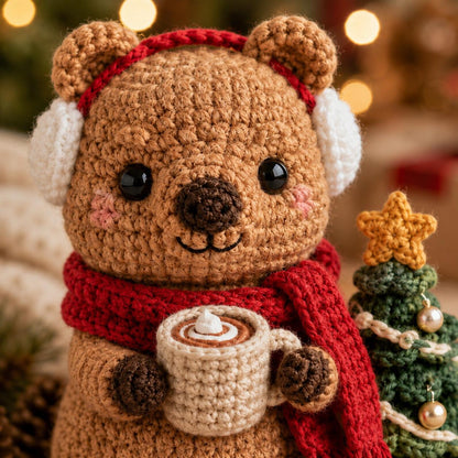 Crochet Christmas Quokka with Hot Cocoa & Earmuffs, Amigurumi Winter Bear, Handmade Holiday Decor, Cute Desk Pet, Christmas Gift Set