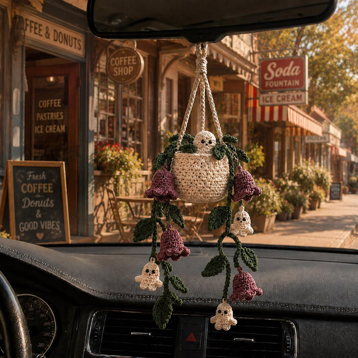 Halloween Crochet Plant Car Hanging, Handmade Ghostbell Flower Basket Car Charm, Spooky Car Decor, Plant Lover Gift