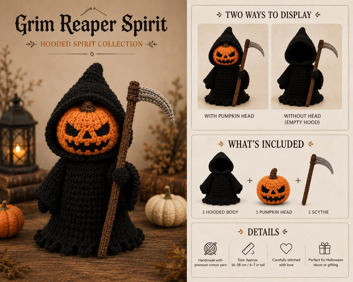 Grim Reaper Crochet Doll with Removable Skull or Pumpkin Head, Hooded Halloween Amigurumi, Gothic Spooky Decor