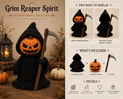 Grim Reaper Crochet Doll with Removable Skull or Pumpkin Head, Hooded Halloween Amigurumi, Gothic Spooky Decor
