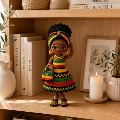 Handmade Crochet Afro Girl Doll, Black Amigurumi Doll, African Inspired Soft Toy, Personalized Crochet Gift, Nursery Decor, Baby Shower Gift