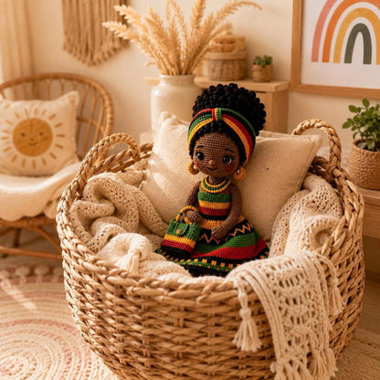 Handmade Crochet Afro Girl Doll, Black Amigurumi Doll, African Inspired Soft Toy, Personalized Crochet Gift, Nursery Decor, Baby Shower Gift