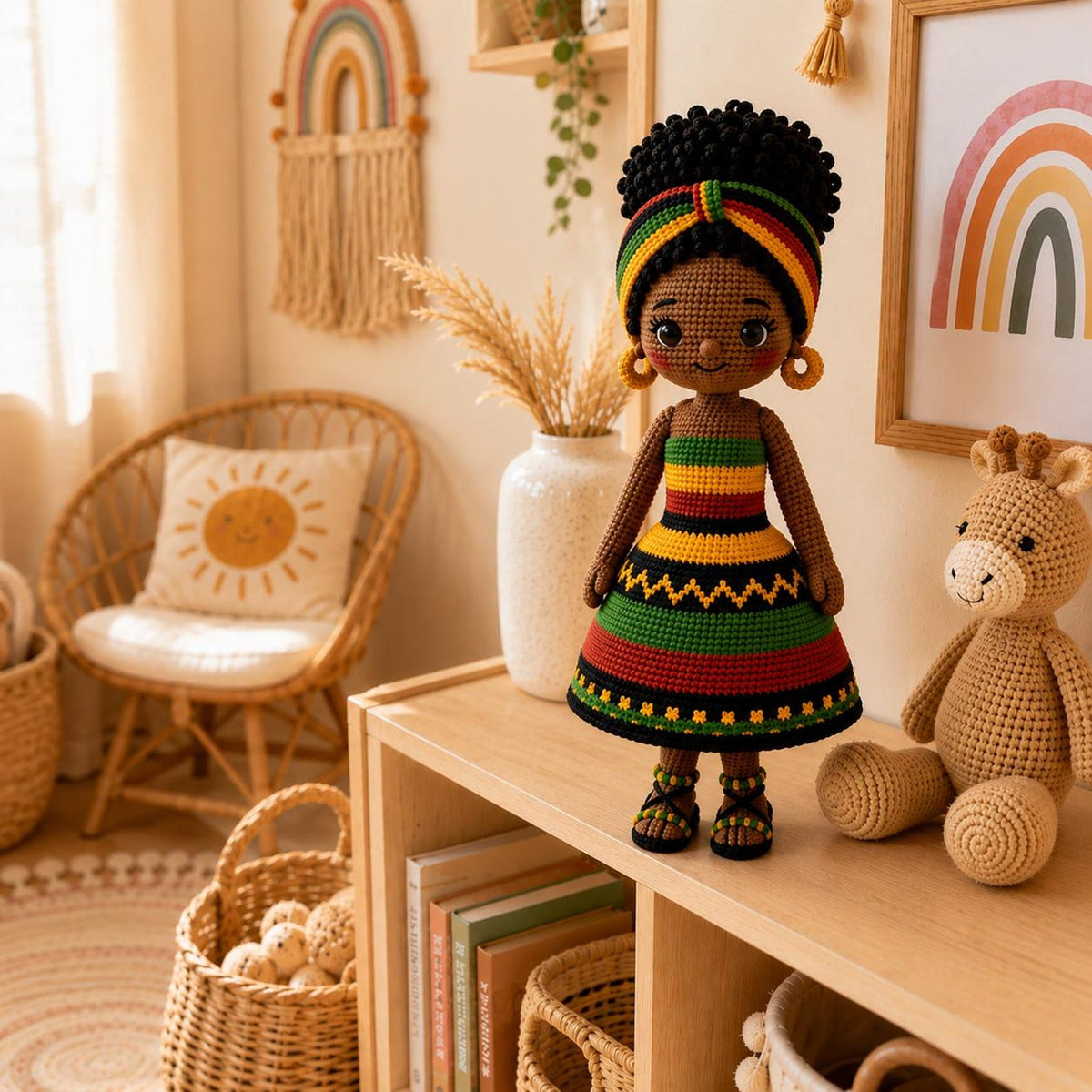 Handmade Crochet Afro Girl Doll, Black Amigurumi Doll, African Inspired Soft Toy, Personalized Crochet Gift, Nursery Decor, Baby Shower Gift