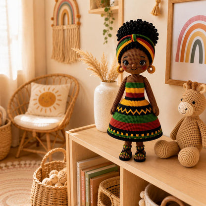 Handmade Crochet Afro Girl Doll, Black Amigurumi Doll, African Inspired Soft Toy, Personalized Crochet Gift, Nursery Decor, Baby Shower Gift