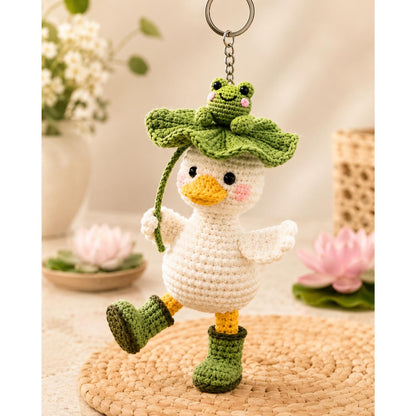 Crochet Duck Keychain, Frog on Lotus Leaf Duck Charm, Cute Amigurumi Bag Charm, Car Hanging Ornament, Backpack Charm, Frog Lover Gift