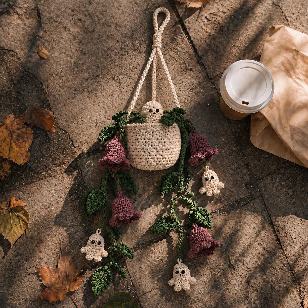 Halloween Crochet Plant Car Hanging, Handmade Ghostbell Flower Basket Car Charm, Spooky Car Decor, Plant Lover Gift