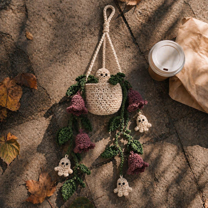 Halloween Crochet Plant Car Hanging, Handmade Ghostbell Flower Basket Car Charm, Spooky Car Decor, Plant Lover Gift