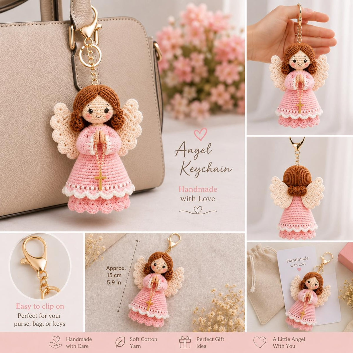 Handmade Crochet Guardian Angel Doll, Handmade Angel Figurine, Prayer Angel Decor, Religious Gift for Mom Daughter, Car Mirror Hanging