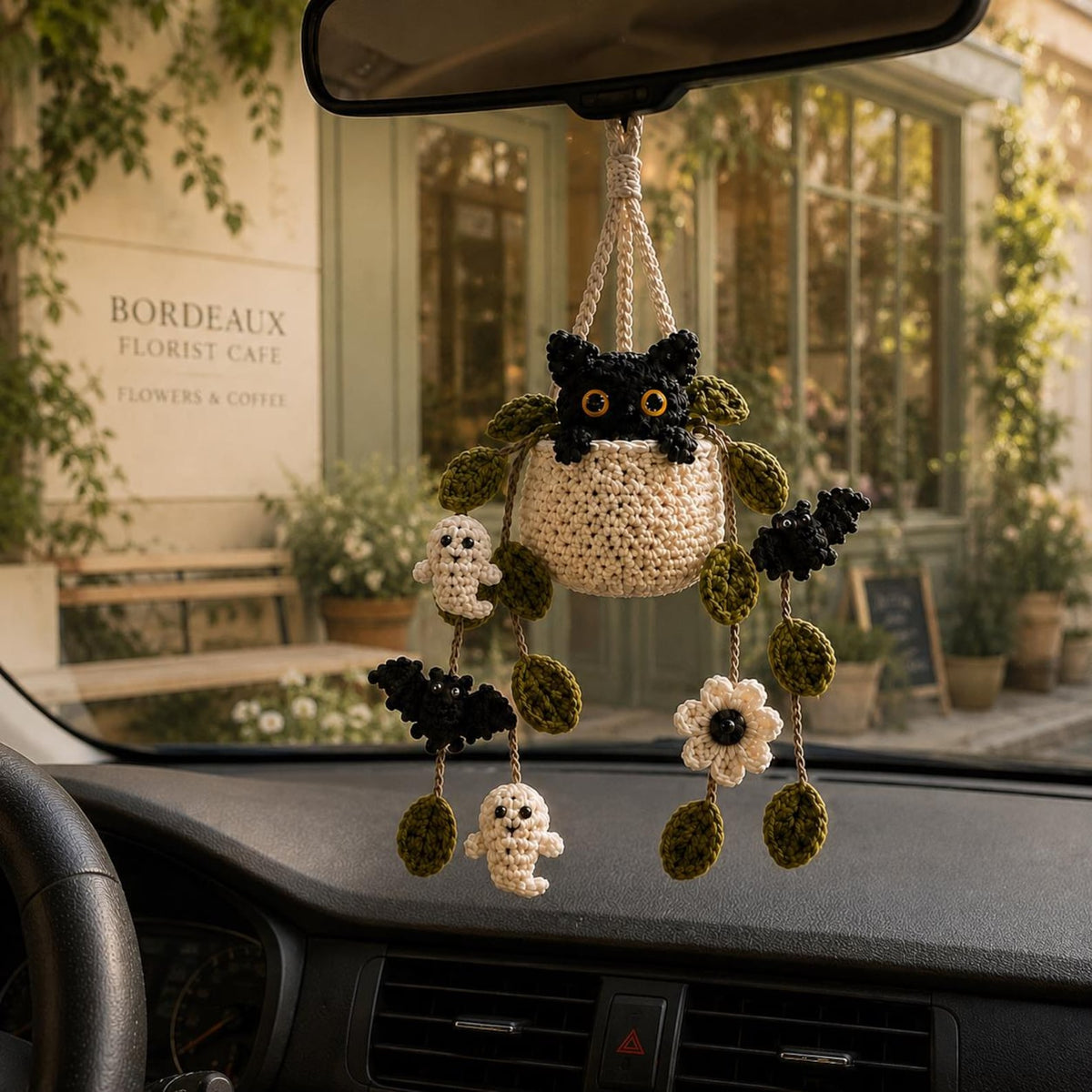 Crochet Halloween Plant Car Hanging, Handmade Black Cat Ghost & Bat Car Charm, Cute Car Decor, Spooky Car Accessory, Plant Lover Gift