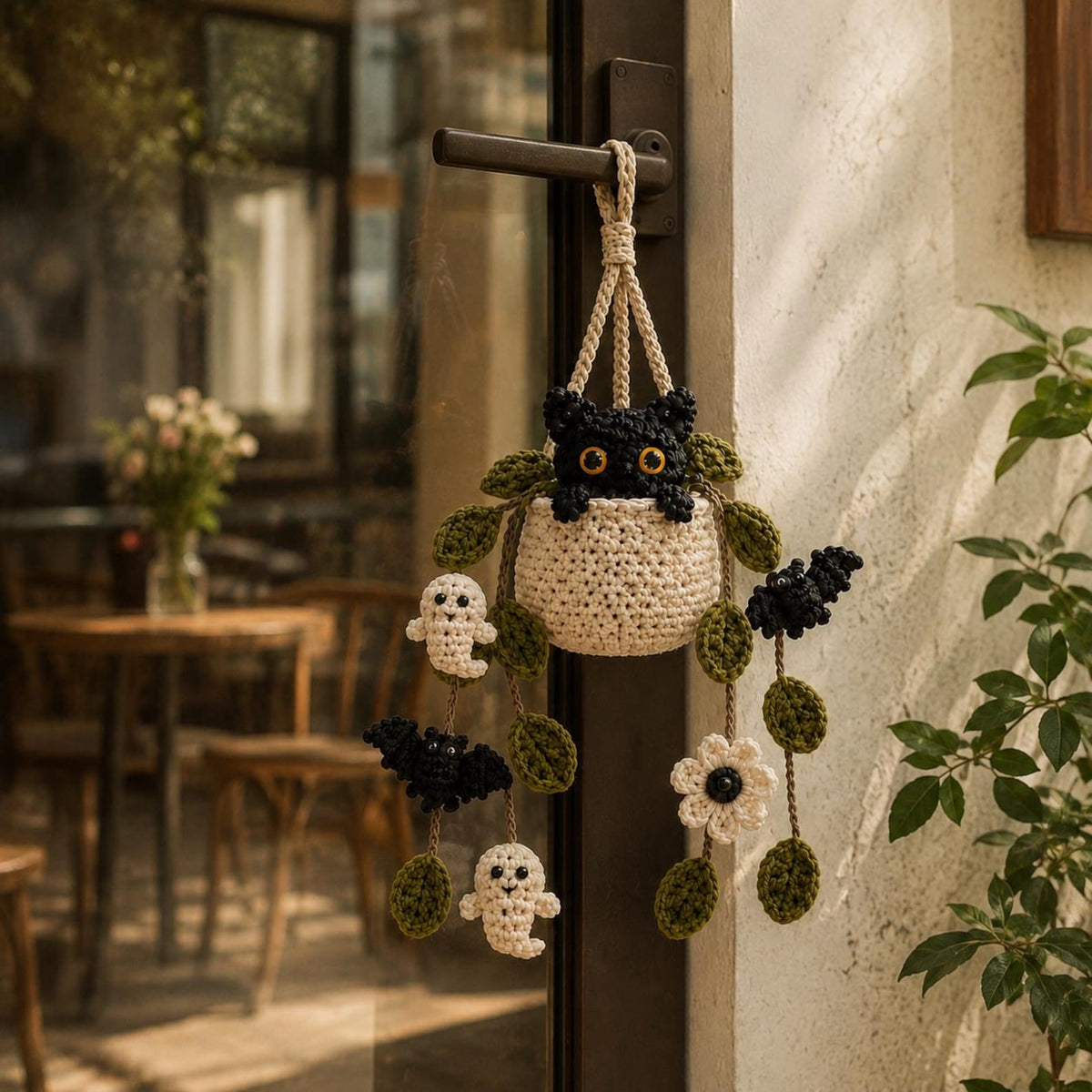 Crochet Halloween Plant Car Hanging, Handmade Black Cat Ghost & Bat Car Charm, Cute Car Decor, Spooky Car Accessory, Plant Lover Gift