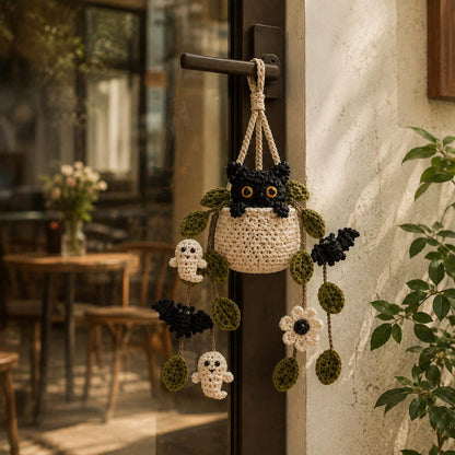 Crochet Halloween Plant Car Hanging, Handmade Black Cat Ghost & Bat Car Charm, Cute Car Decor, Spooky Car Accessory, Plant Lover Gift