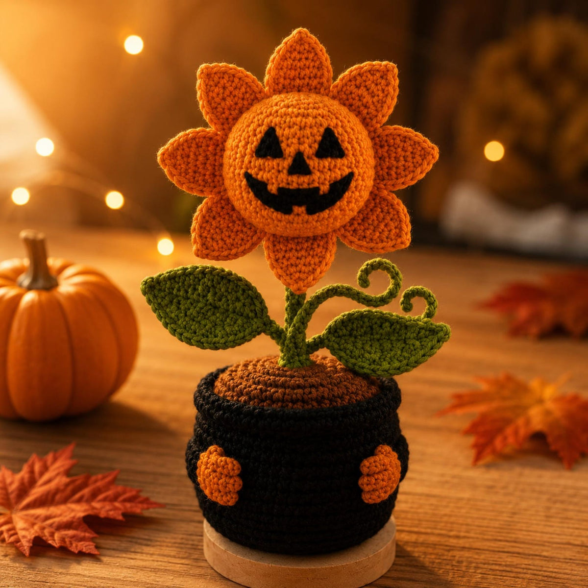 Handmade Crochet Pumpkin Flower Pot, Halloween Jack O Lantern Decor, Cute Amigurumi Fall Desk Decor, Cozy Autumn Home Decoration Gift