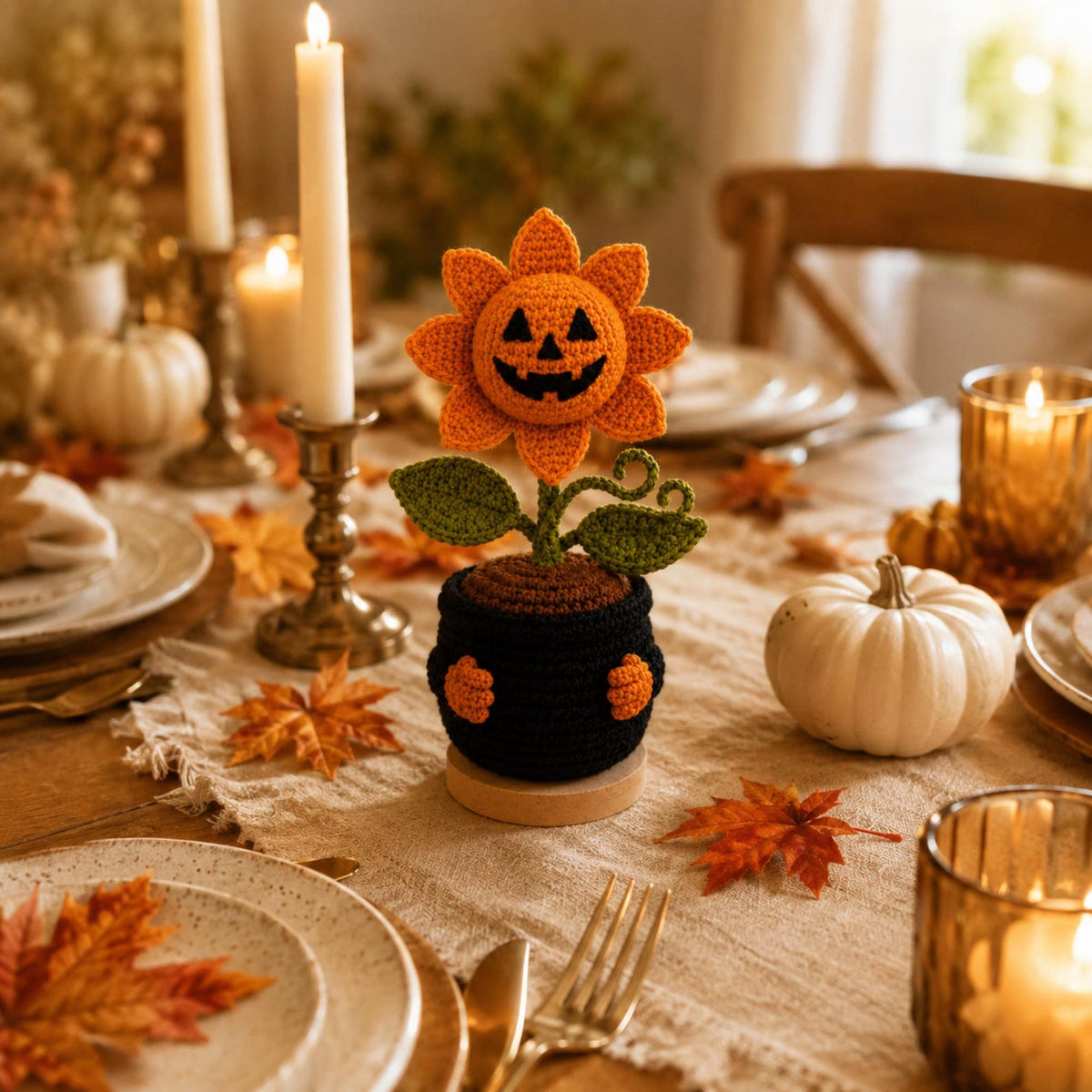 Handmade Crochet Pumpkin Flower Pot, Halloween Jack O Lantern Decor, Cute Amigurumi Fall Desk Decor, Cozy Autumn Home Decoration Gift