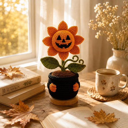Handmade Crochet Pumpkin Flower Pot, Halloween Jack O Lantern Decor, Cute Amigurumi Fall Desk Decor, Cozy Autumn Home Decoration Gift