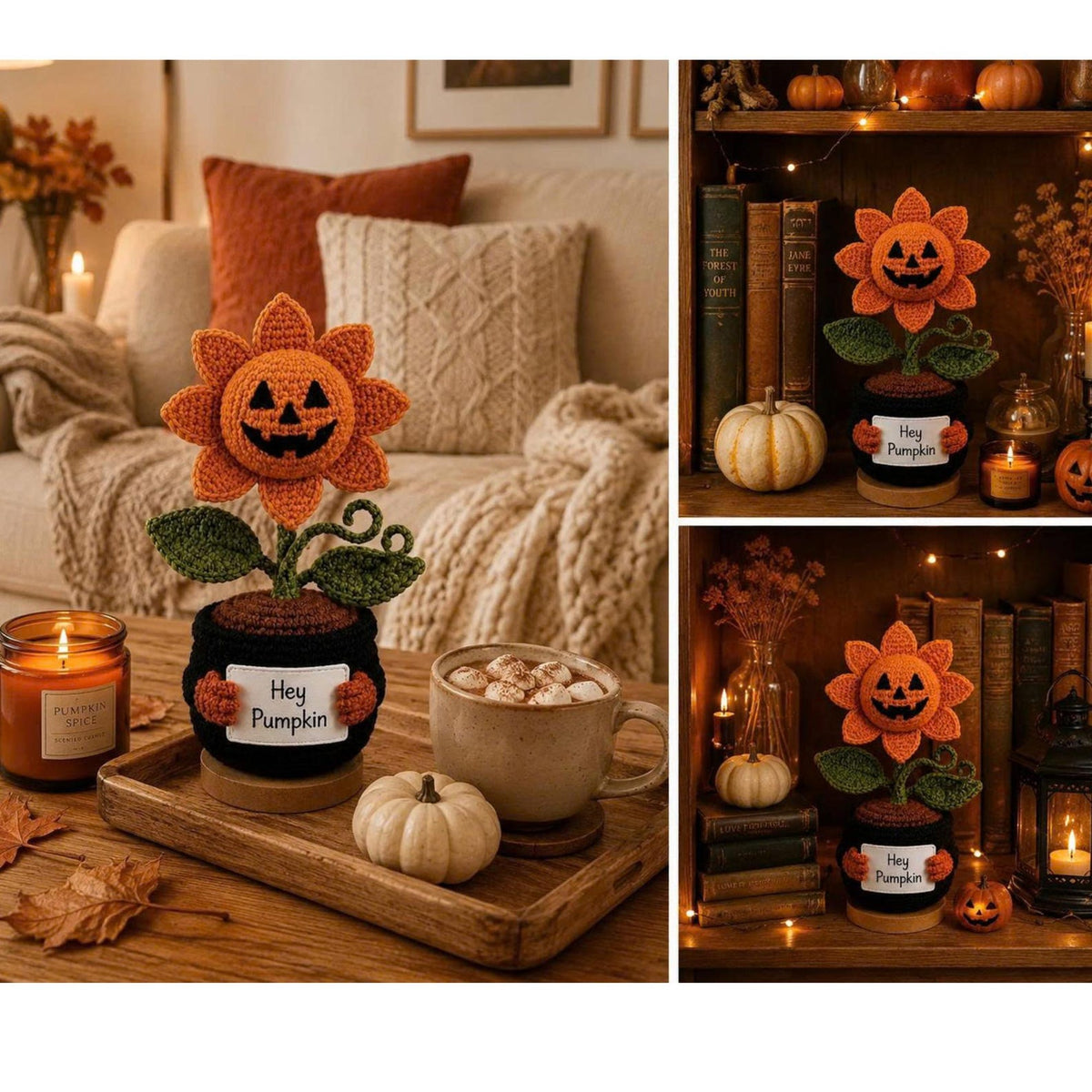 Handmade Crochet Pumpkin Flower Pot, Halloween Jack O Lantern Decor, Cute Amigurumi Fall Desk Decor, Cozy Autumn Home Decoration Gift