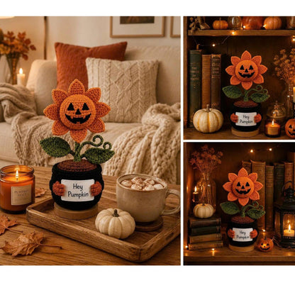 Handmade Crochet Pumpkin Flower Pot, Halloween Jack O Lantern Decor, Cute Amigurumi Fall Desk Decor, Cozy Autumn Home Decoration Gift