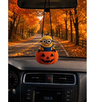 Crochet Halloween Car Hanging Minio, Cute Yellow Character Pumpkin Ornament, Handmade Rearview Mirror Charm, Fall Car Decor, Halloween Gift