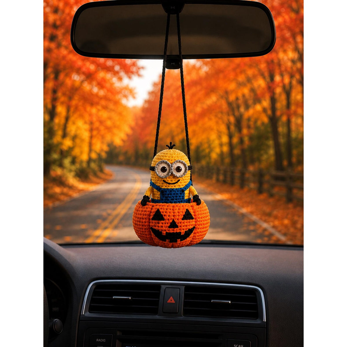 Crochet Halloween Car Hanging Minio, Cute Yellow Character Pumpkin Ornament, Handmade Rearview Mirror Charm, Fall Car Decor, Halloween Gift