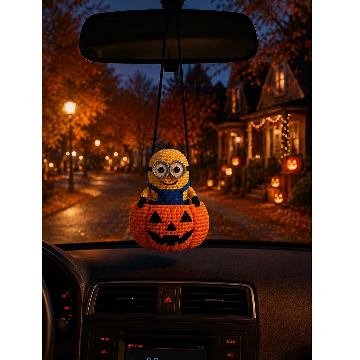 Crochet Halloween Car Hanging Minio, Cute Yellow Character Pumpkin Ornament, Handmade Rearview Mirror Charm, Fall Car Decor, Halloween Gift