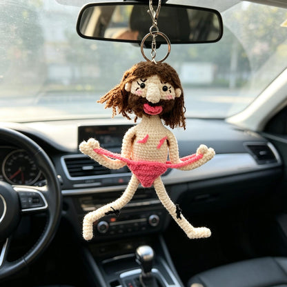 Handmade Crochet Funny Doll Car Rearview Mirror Hanging Quirky Interior Accessory Unique Novelty Ornament Playful Surprise Present