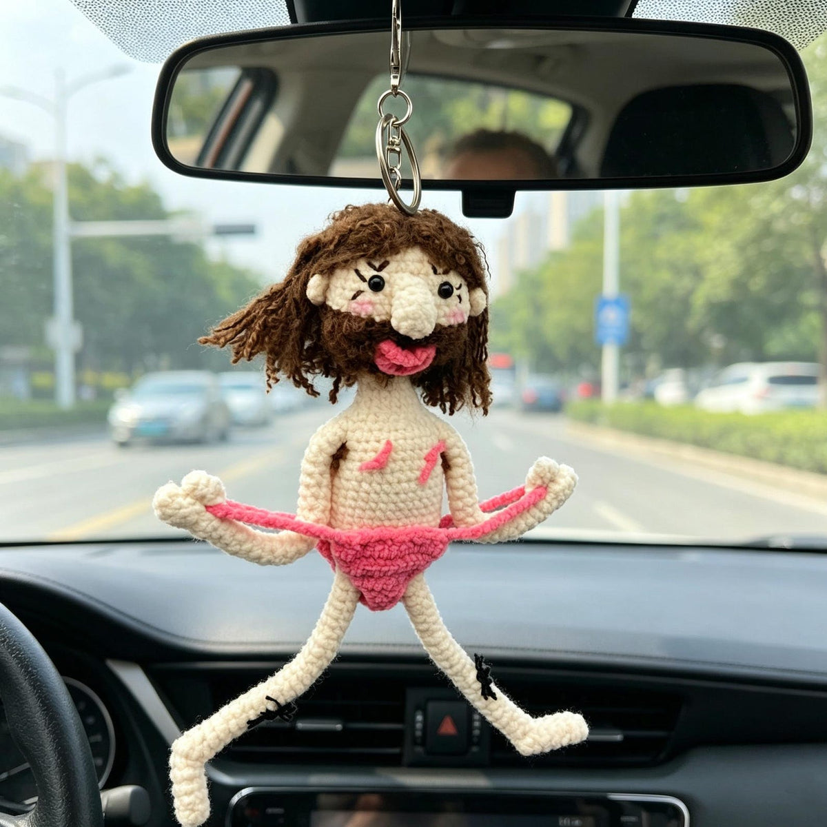 Handmade Crochet Funny Doll Car Rearview Mirror Hanging Quirky Interior Accessory Unique Novelty Ornament Playful Surprise Present